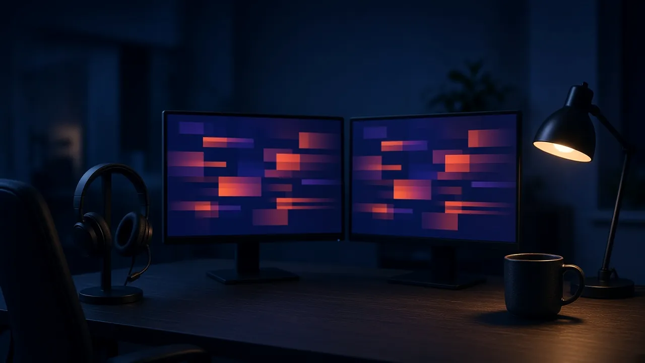 AI-generated illustration: an empty support desk after hours with a headset on a stand, two monitors showing only abstract colored bars, a mug and a warm desk lamp