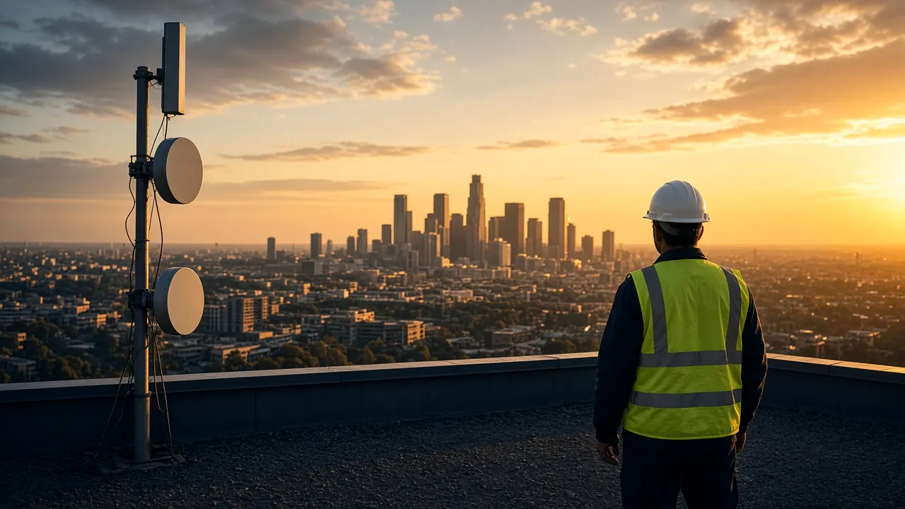 AI-generated illustration: a technician in a white hard hat and high-visibility vest seen from behind on a gravel rooftop at golden hour, beside a steel antenna mast with two dishes and one panel antenna, looking out over a generic city skyline