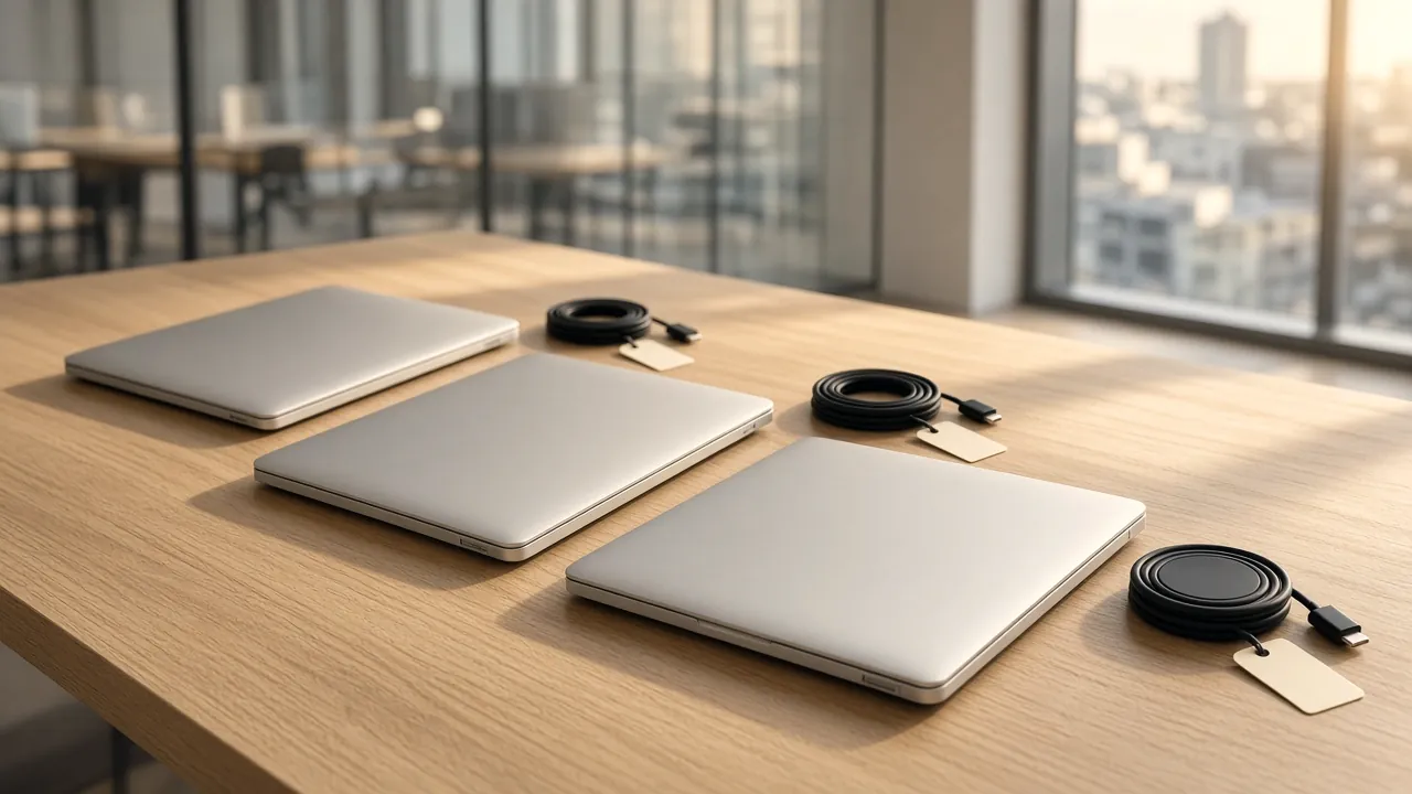 AI-generated illustration: three closed silver laptops in a row on a pale oak desk, each with a coiled black charger and a blank cream tag, in a bright empty office with a city window behind