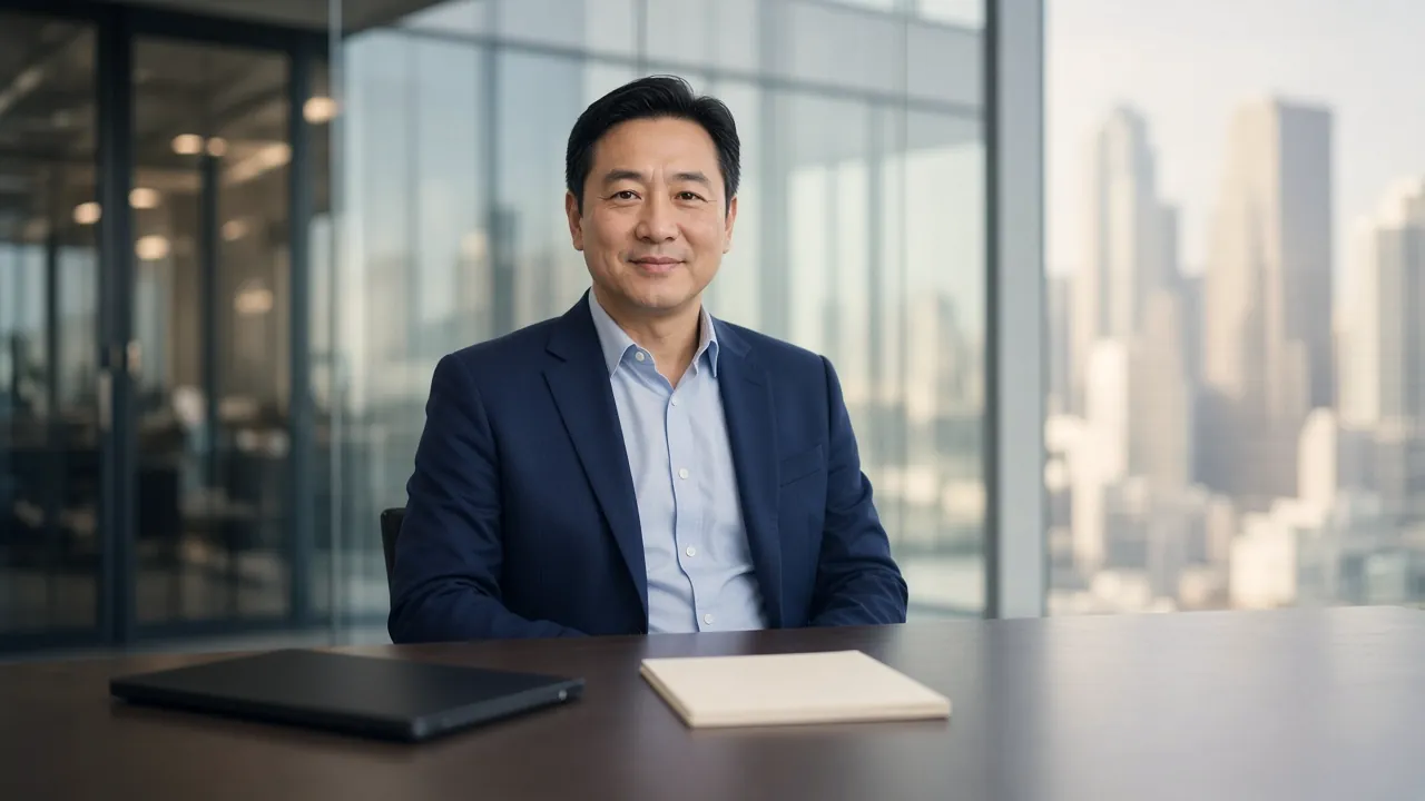 AI-generated illustration: a procurement professional in a navy blazer and light blue shirt sitting at a dark wood table with a closed laptop and a notepad, with a blurred city window behind