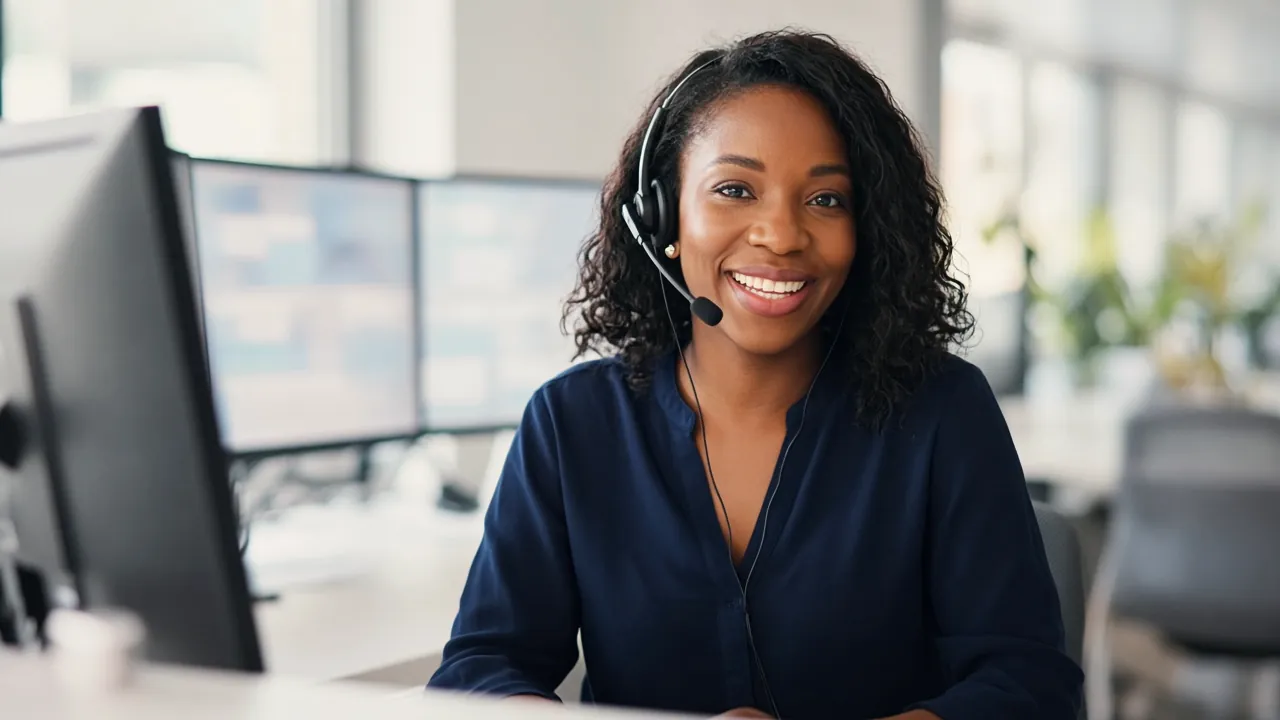 AI-generated illustration: a help desk agent in a navy blouse wearing a headset and smiling, seated at a white desk in a bright open-plan office with monitors and plants behind her