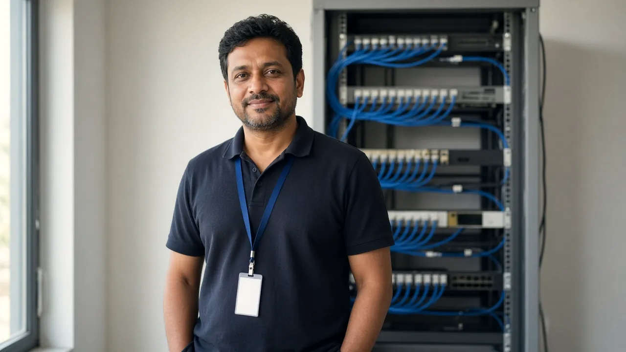 AI-generated illustration: a network technician in a navy polo shirt with a blank badge on a lanyard standing beside a server rack with neat blue network cables