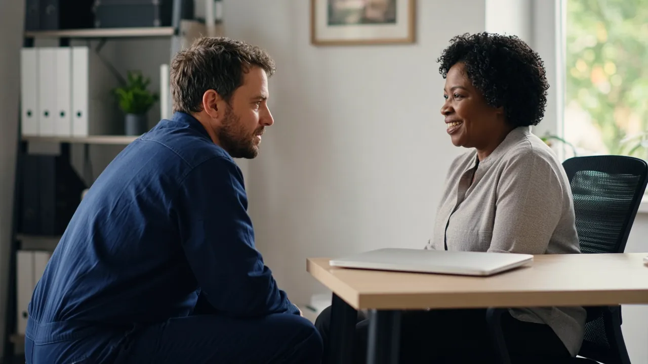 AI-generated illustration: a technician in a dark blue work shirt talking with an office manager seated at a wooden desk with a closed silver laptop, in a bright office