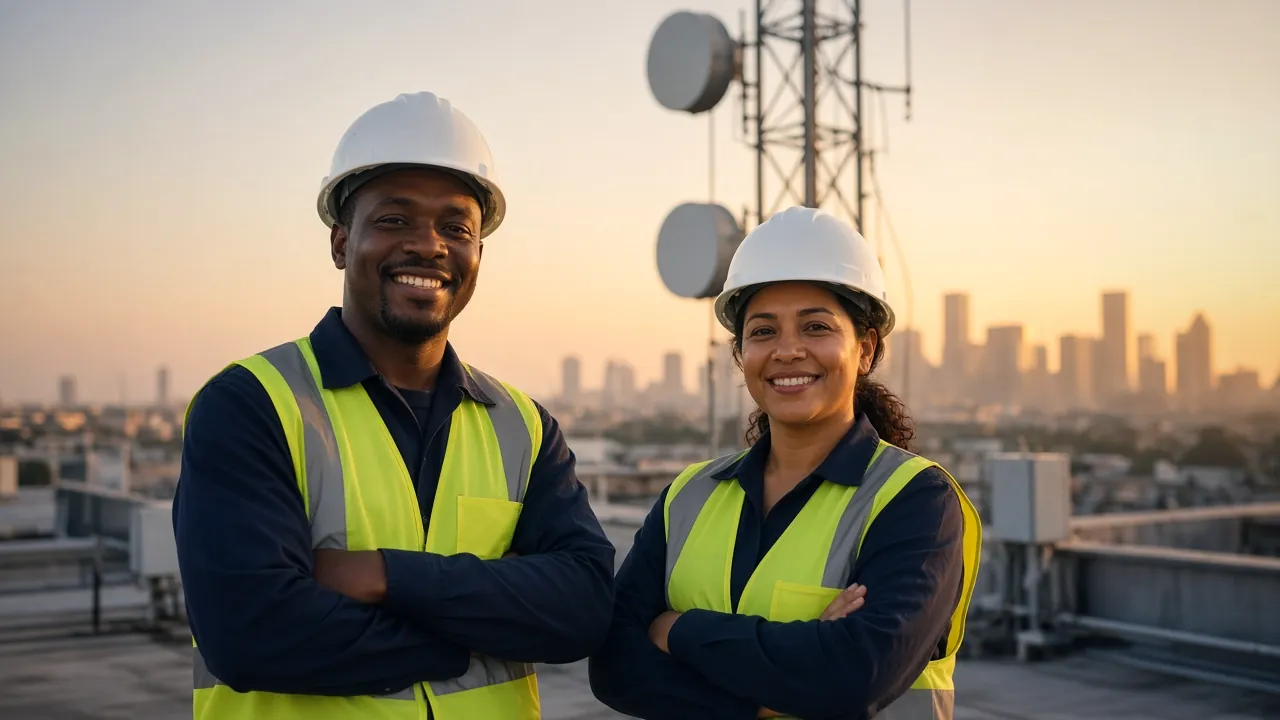 AI-generated illustration: two field technicians in white hard hats, navy shirts and high-visibility vests standing with arms folded on a rooftop at golden hour, with an antenna mast with two dishes and a generic city skyline behind them