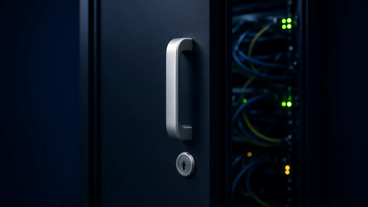 AI-generated illustration: close-up of a black server rack door ajar, with a brushed-steel handle and key lock and green and amber indicator lights inside