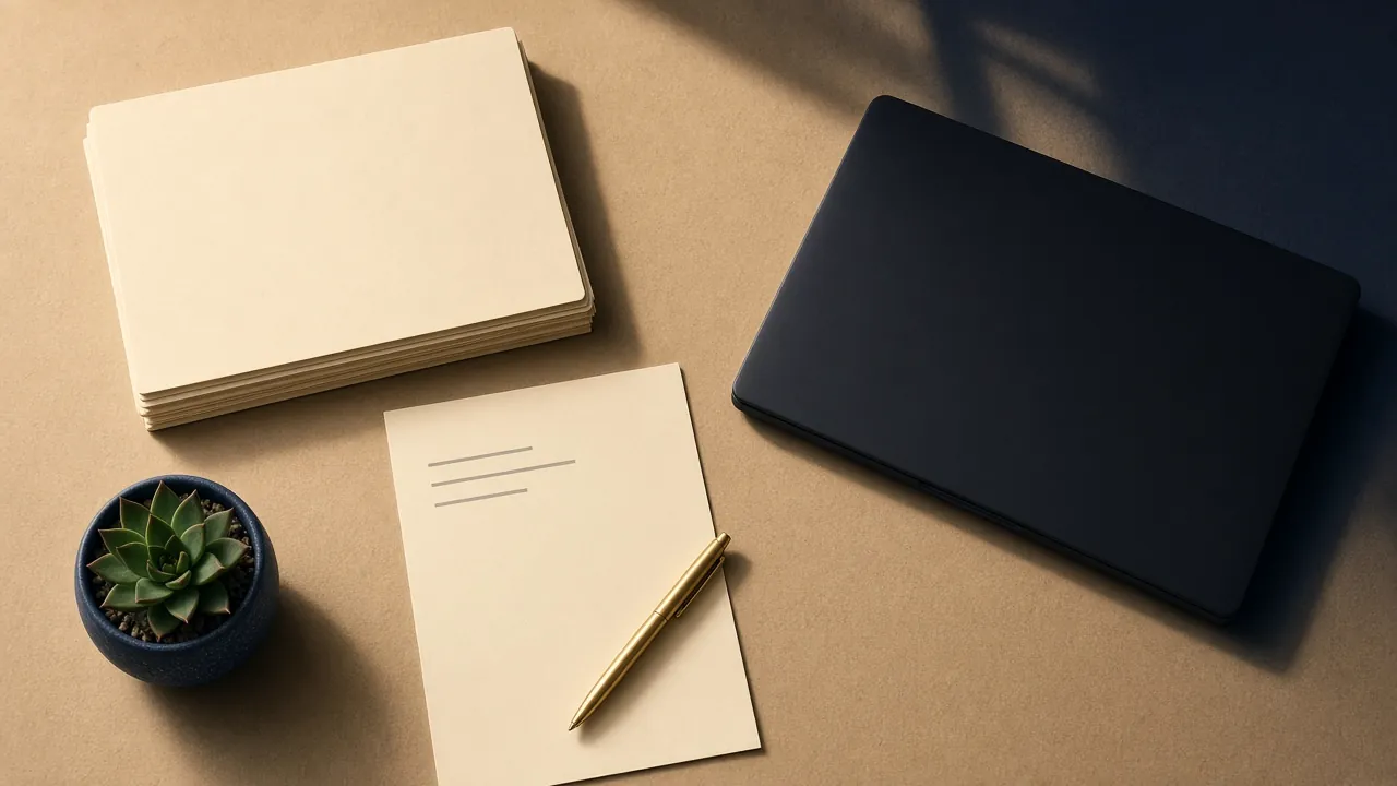 AI-generated illustration: top-down flat-lay on a sand-colored desk with a stack of blank cream folders, a closed black laptop, a brass pen across a blank sheet with grey placeholder bars, and a small succulent